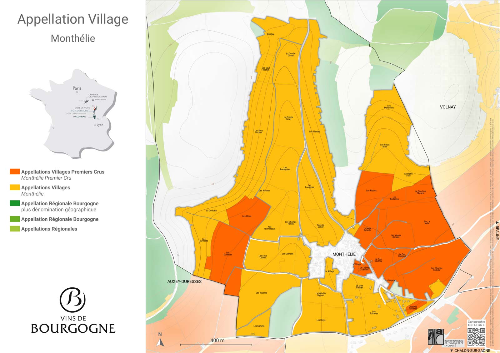 carte de l'appellation Monthelie - Côte de Beaune - Bourgogne